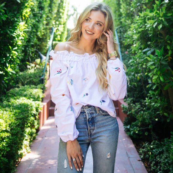Boutique Christina V Light Pink Spring Embroidered Off shoulder Blouse - Picture 1 of 6
